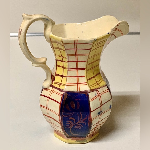 19th Century Gaudy Welsh Unrecorded Plaid Grid Pattern Jug Handled Pitcher - Picture 1 of 16